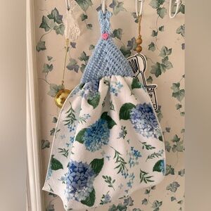 Handmade Crochet Top Hanging Kitchen Towel Blue Floral Cottagecore Decor